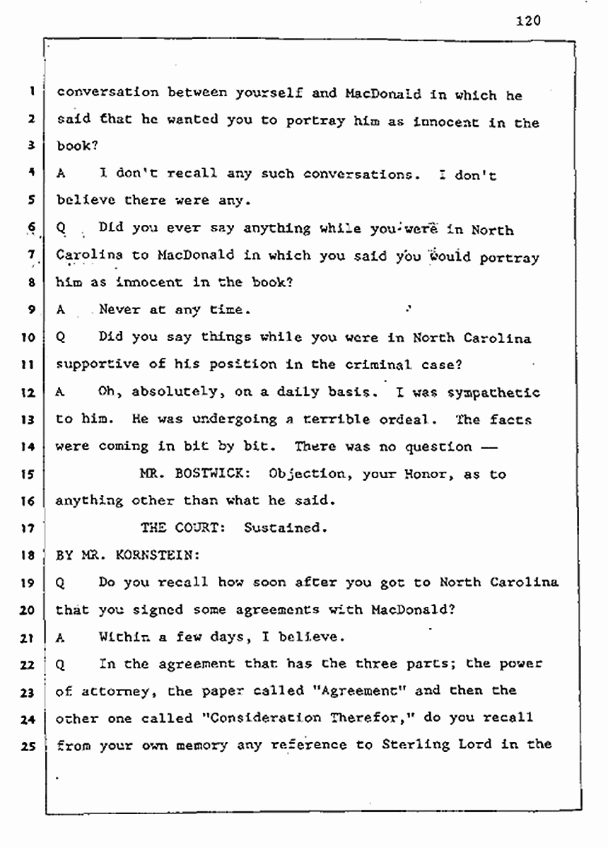 Los Angeles, California Civil Trial<br>Jeffrey MacDonald vs. Joe McGinniss<br><br>August 5, 1987:<br>Defendant's Witness: Joe McGinniss, p. 120