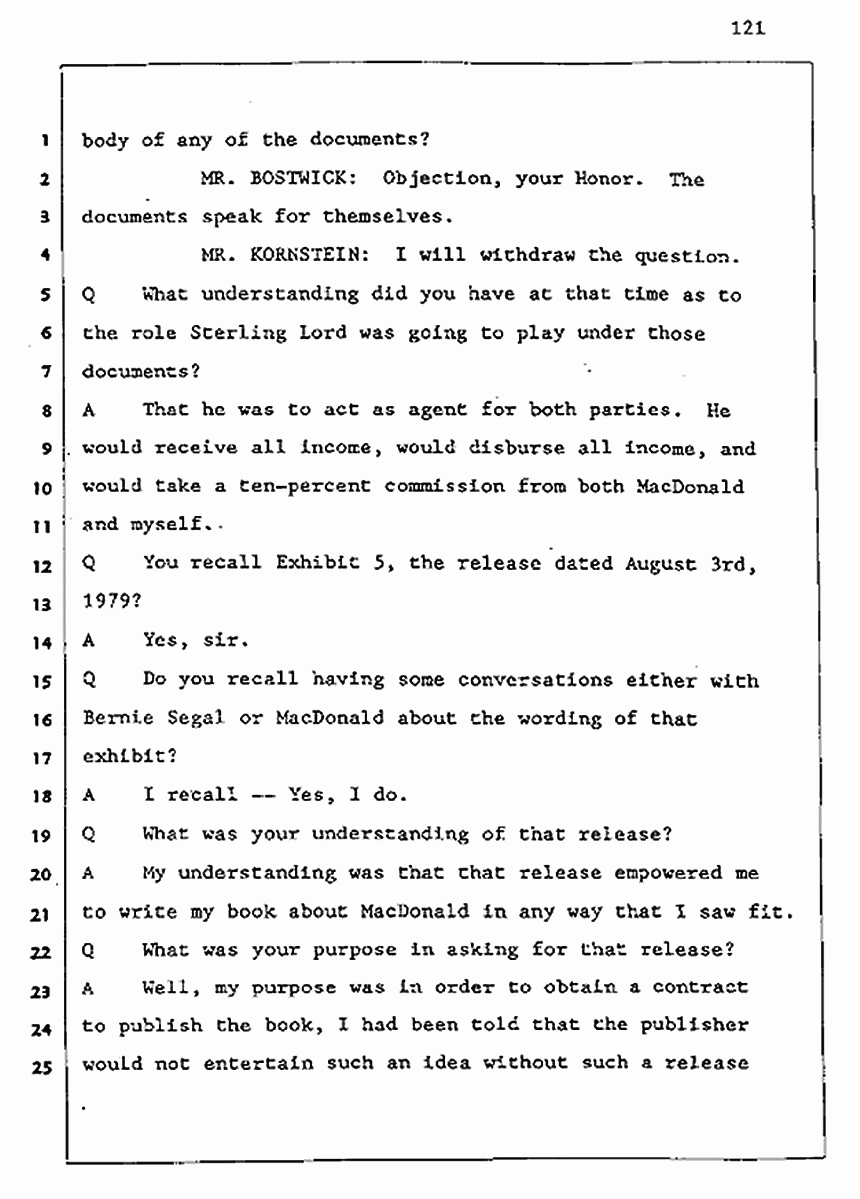 Los Angeles, California Civil Trial<br>Jeffrey MacDonald vs. Joe McGinniss<br><br>August 5, 1987:<br>Defendant's Witness: Joe McGinniss, p. 121