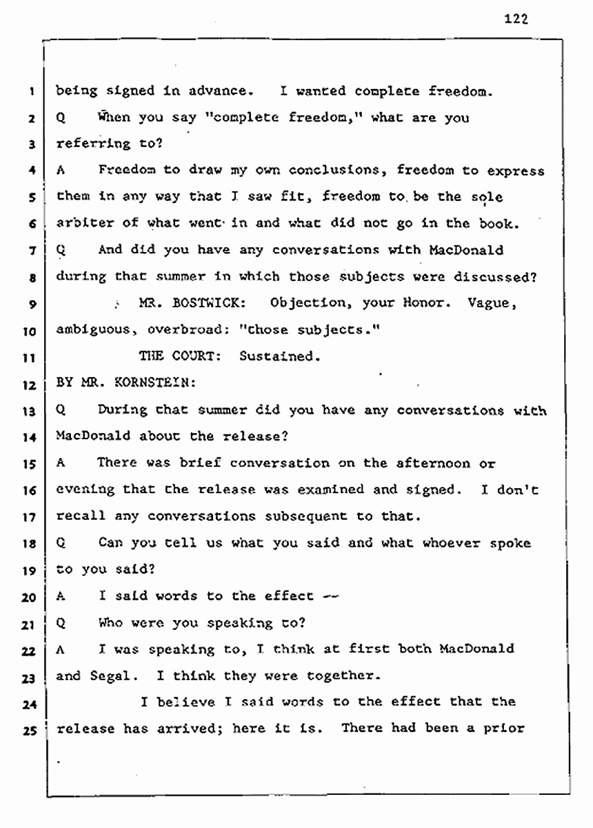 Los Angeles, California Civil Trial<br>Jeffrey MacDonald vs. Joe McGinniss<br><br>August 5, 1987:<br>Defendant's Witness: Joe McGinniss, p. 122