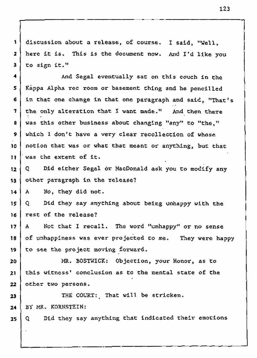 Los Angeles, California Civil Trial<br>Jeffrey MacDonald vs. Joe McGinniss<br><br>August 5, 1987:<br>Defendant's Witness: Joe McGinniss, p. 123