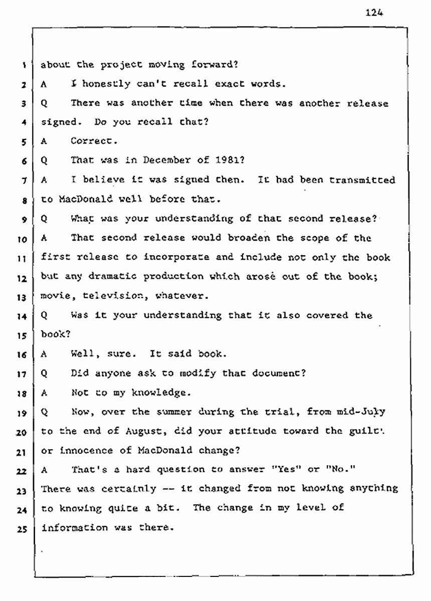 Los Angeles, California Civil Trial<br>Jeffrey MacDonald vs. Joe McGinniss<br><br>August 5, 1987:<br>Defendant's Witness: Joe McGinniss, p. 124