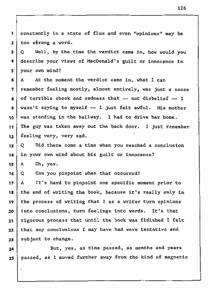 Los Angeles, California Civil Trial<br>Jeffrey MacDonald vs. Joe McGinniss<br><br>August 5, 1987:<br>Defendant's Witness: Joe McGinniss, p. 126
