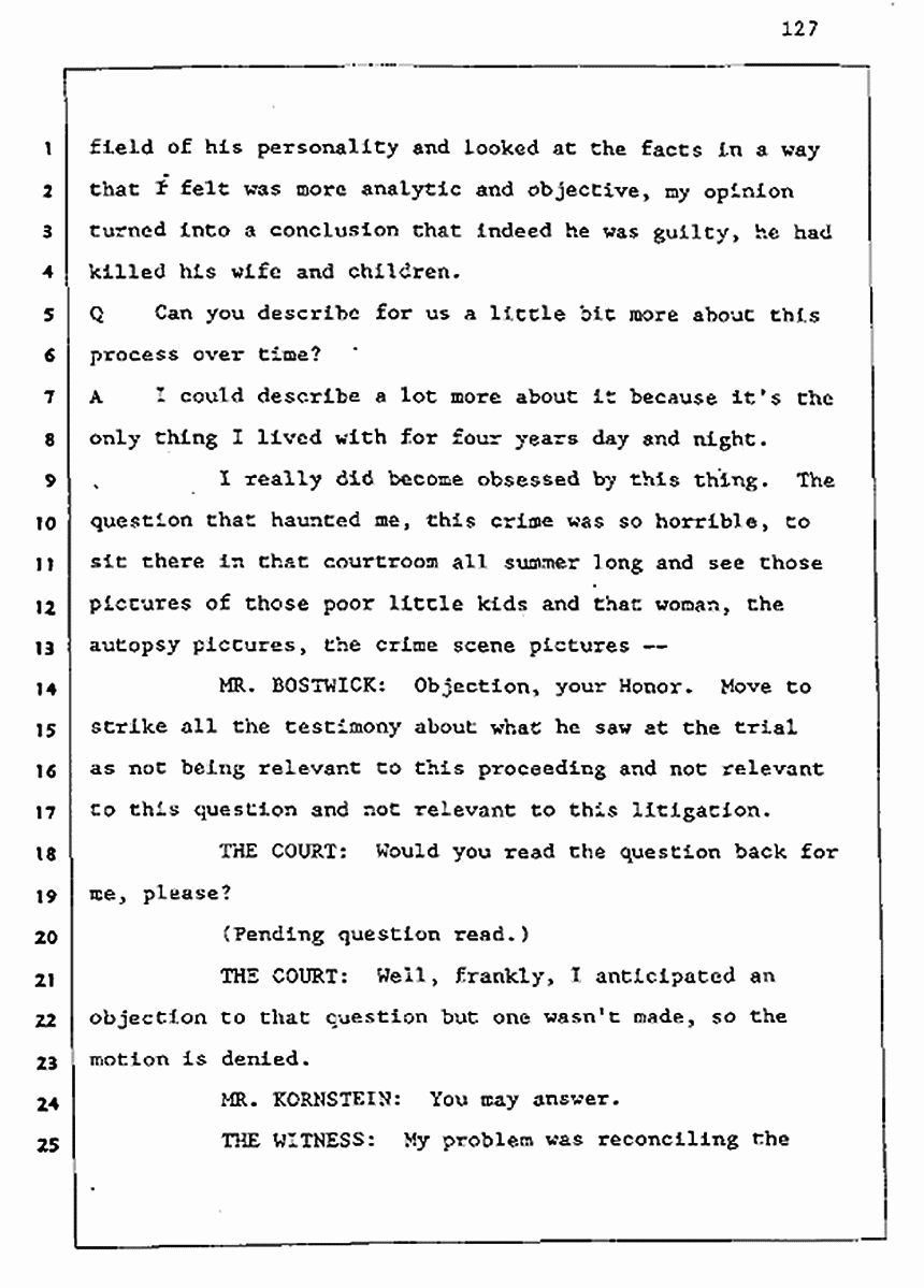 Los Angeles, California Civil Trial<br>Jeffrey MacDonald vs. Joe McGinniss<br><br>August 5, 1987:<br>Defendant's Witness: Joe McGinniss, p. 127