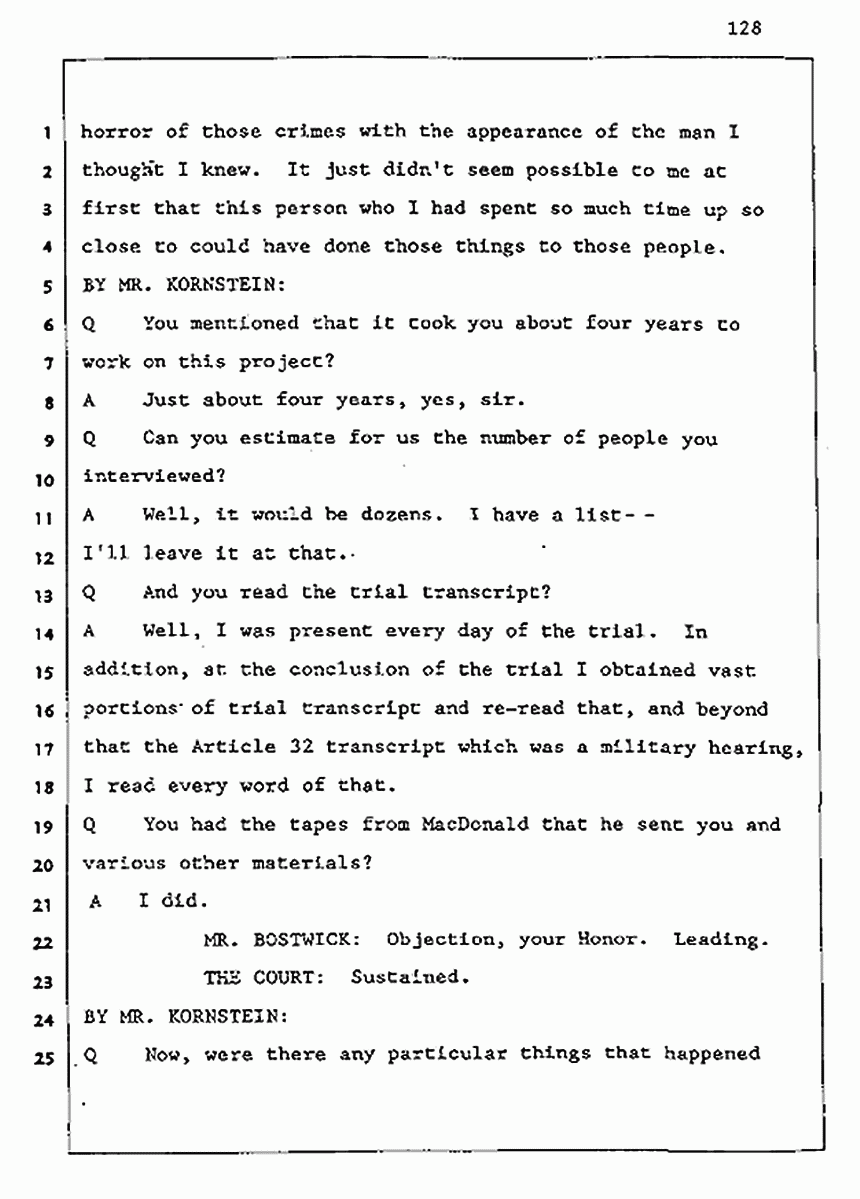 Los Angeles, California Civil Trial<br>Jeffrey MacDonald vs. Joe McGinniss<br><br>August 5, 1987:<br>Defendant's Witness: Joe McGinniss, p. 128