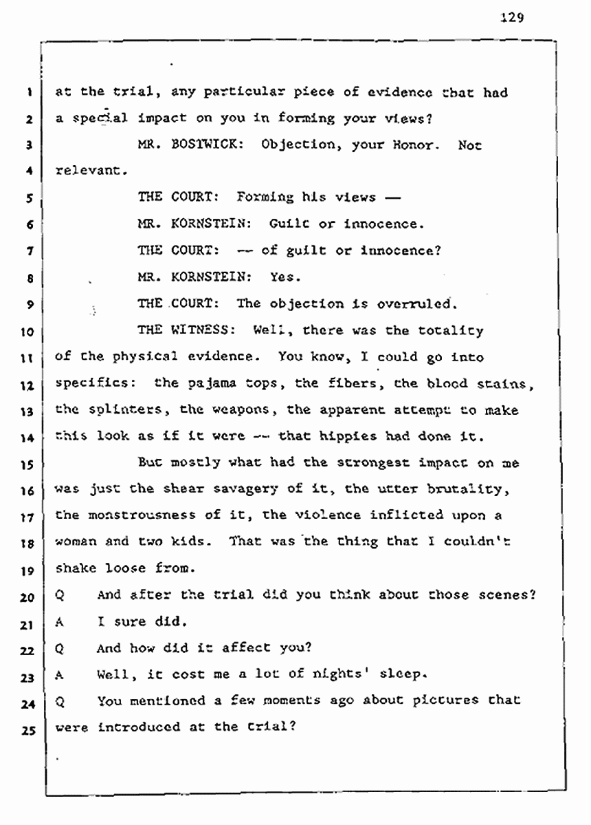 Los Angeles, California Civil Trial<br>Jeffrey MacDonald vs. Joe McGinniss<br><br>August 5, 1987:<br>Defendant's Witness: Joe McGinniss, p. 129