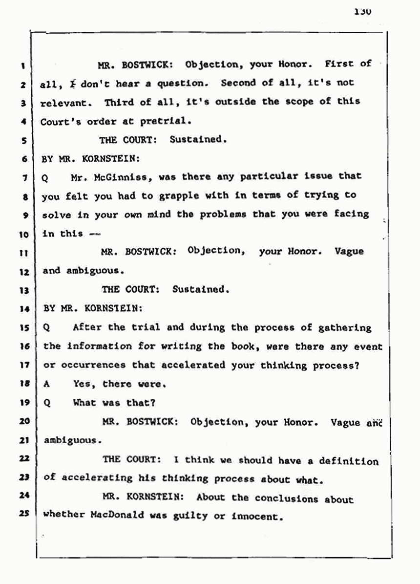 Los Angeles, California Civil Trial<br>Jeffrey MacDonald vs. Joe McGinniss<br><br>August 5, 1987:<br>Defendant's Witness: Joe McGinniss, p. 130