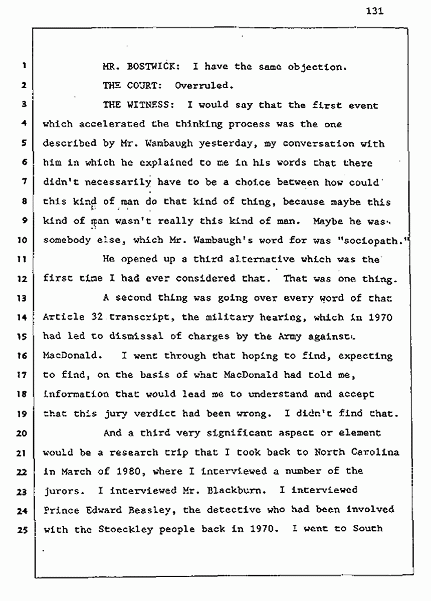 Los Angeles, California Civil Trial<br>Jeffrey MacDonald vs. Joe McGinniss<br><br>August 5, 1987:<br>Defendant's Witness: Joe McGinniss, p. 131