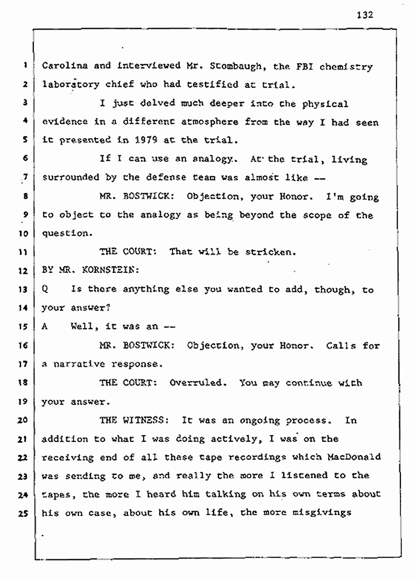 Los Angeles, California Civil Trial<br>Jeffrey MacDonald vs. Joe McGinniss<br><br>August 5, 1987:<br>Defendant's Witness: Joe McGinniss, p. 132