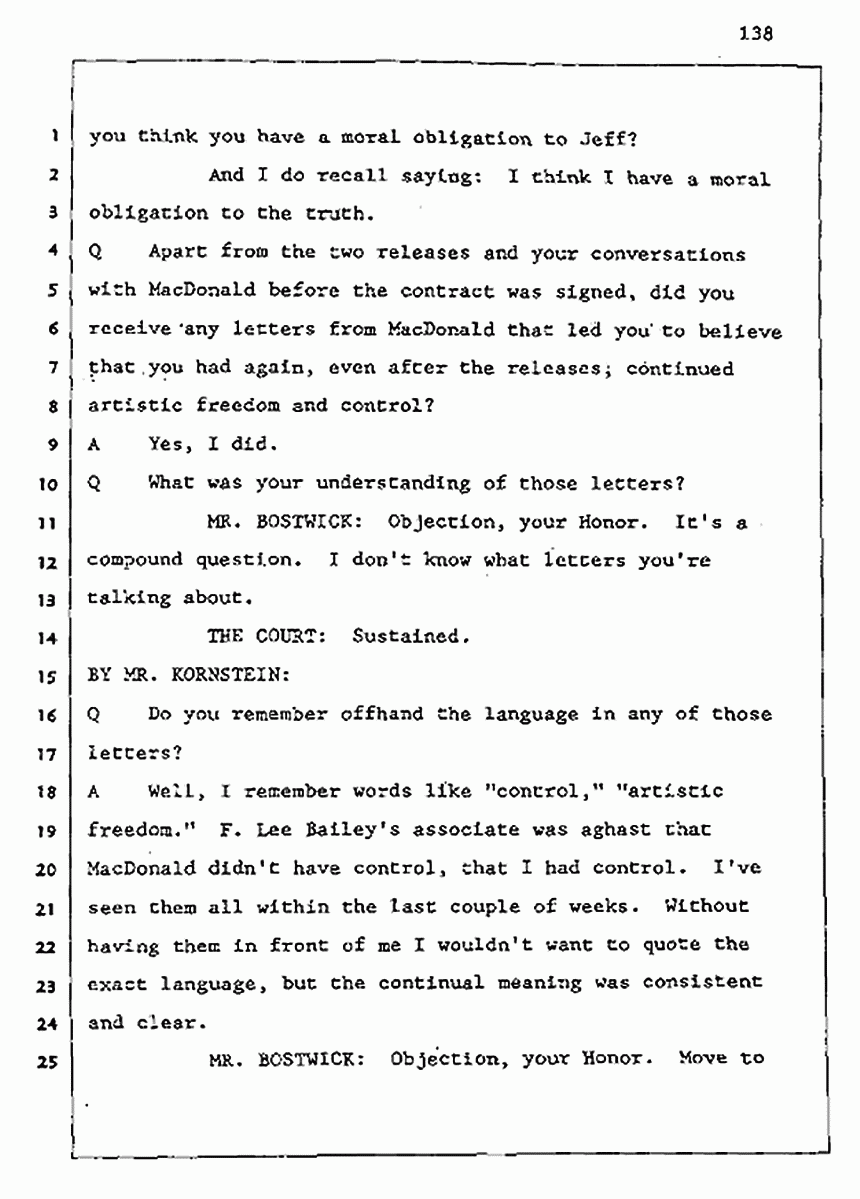 Los Angeles, California Civil Trial<br>Jeffrey MacDonald vs. Joe McGinniss<br><br>August 5, 1987:<br>Defendant's Witness: Joe McGinniss, p. 138