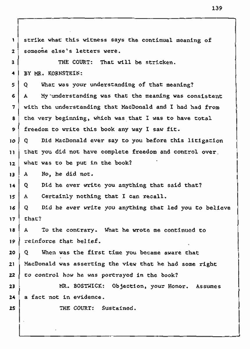Los Angeles, California Civil Trial<br>Jeffrey MacDonald vs. Joe McGinniss<br><br>August 5, 1987:<br>Defendant's Witness: Joe McGinniss, p. 139