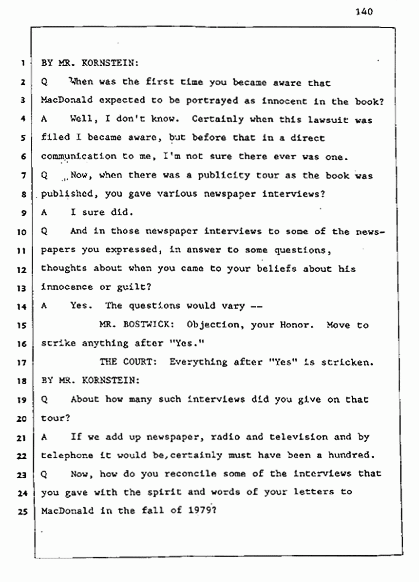 Los Angeles, California Civil Trial<br>Jeffrey MacDonald vs. Joe McGinniss<br><br>August 5, 1987:<br>Defendant's Witness: Joe McGinniss, p. 140
