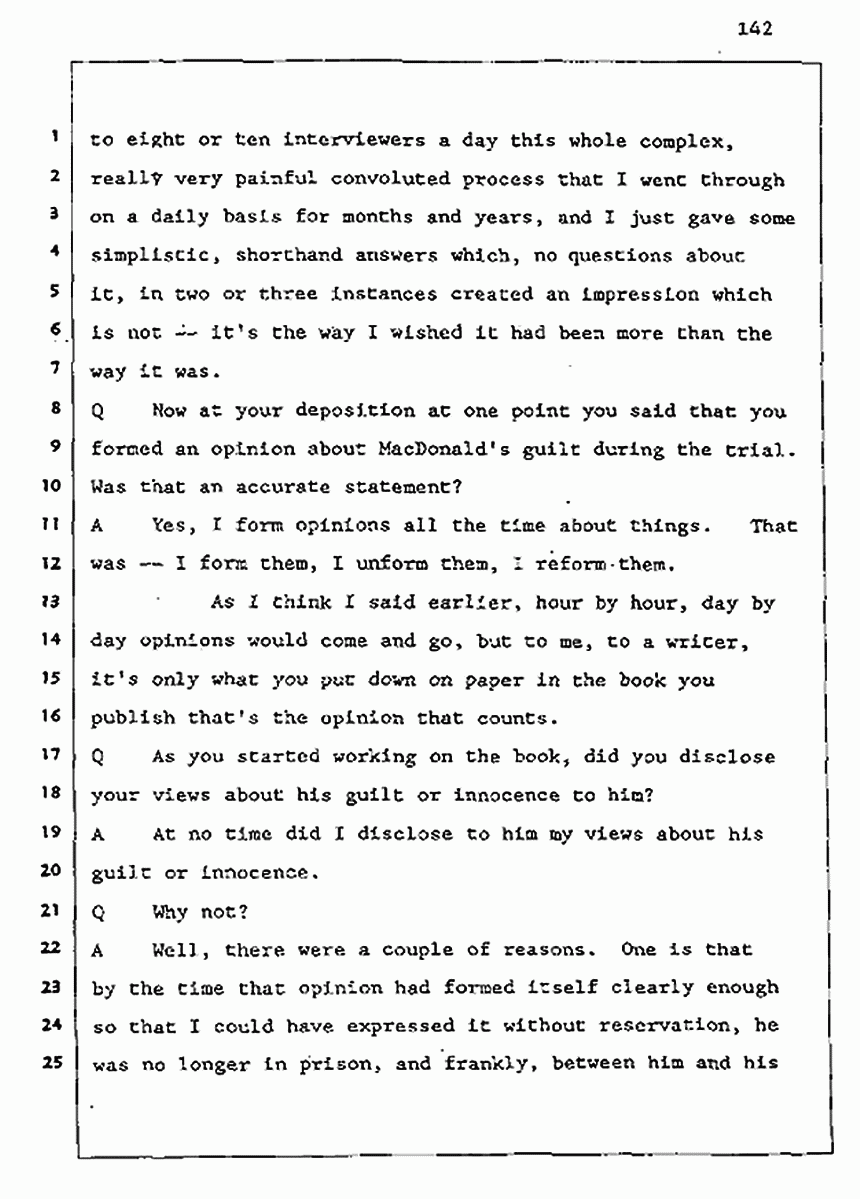 Los Angeles, California Civil Trial<br>Jeffrey MacDonald vs. Joe McGinniss<br><br>August 5, 1987:<br>Defendant's Witness: Joe McGinniss, p. 142