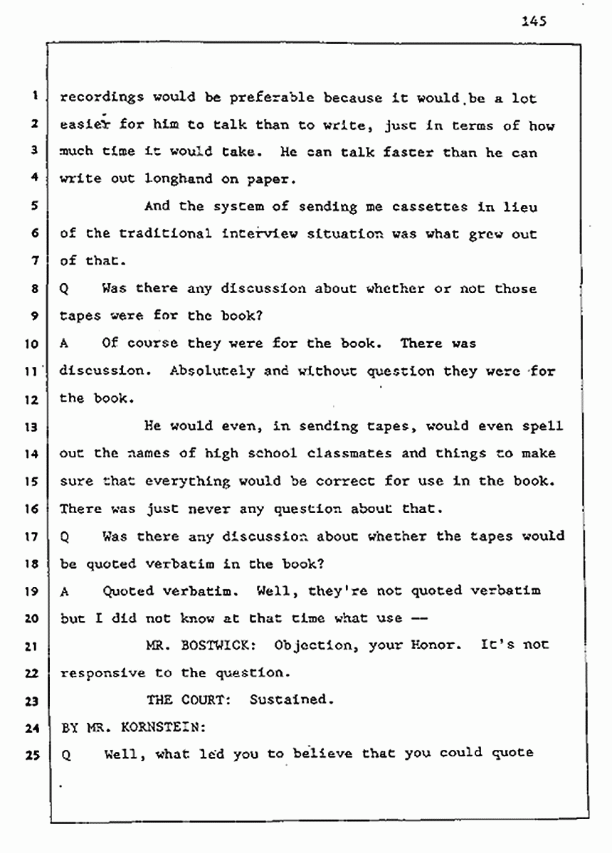 Los Angeles, California Civil Trial<br>Jeffrey MacDonald vs. Joe McGinniss<br><br>August 5, 1987:<br>Defendant's Witness: Joe McGinniss, p. 145