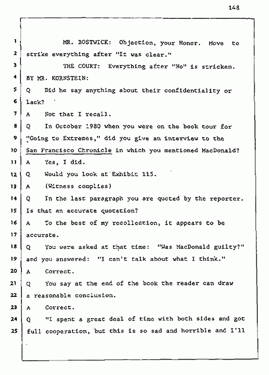 Los Angeles, California Civil Trial<br>Jeffrey MacDonald vs. Joe McGinniss<br><br>August 5, 1987:<br>Defendant's Witness: Joe McGinniss, p. 148