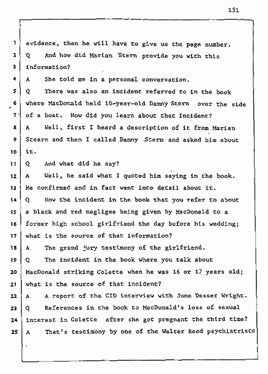 Los Angeles, California Civil Trial<br>Jeffrey MacDonald vs. Joe McGinniss<br><br>August 5, 1987:<br>Defendant's Witness: Joe McGinniss, p. 151