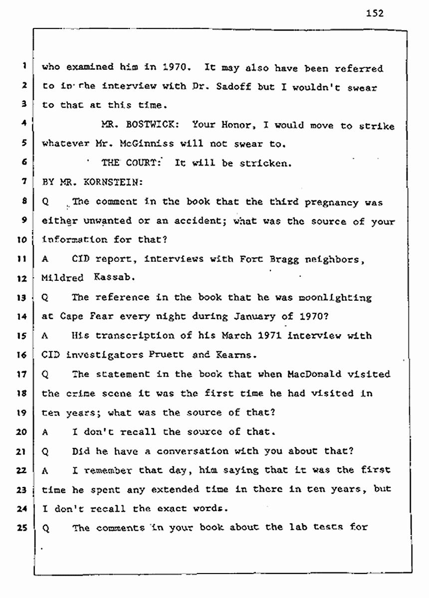 Los Angeles, California Civil Trial<br>Jeffrey MacDonald vs. Joe McGinniss<br><br>August 5, 1987:<br>Defendant's Witness: Joe McGinniss, p. 152