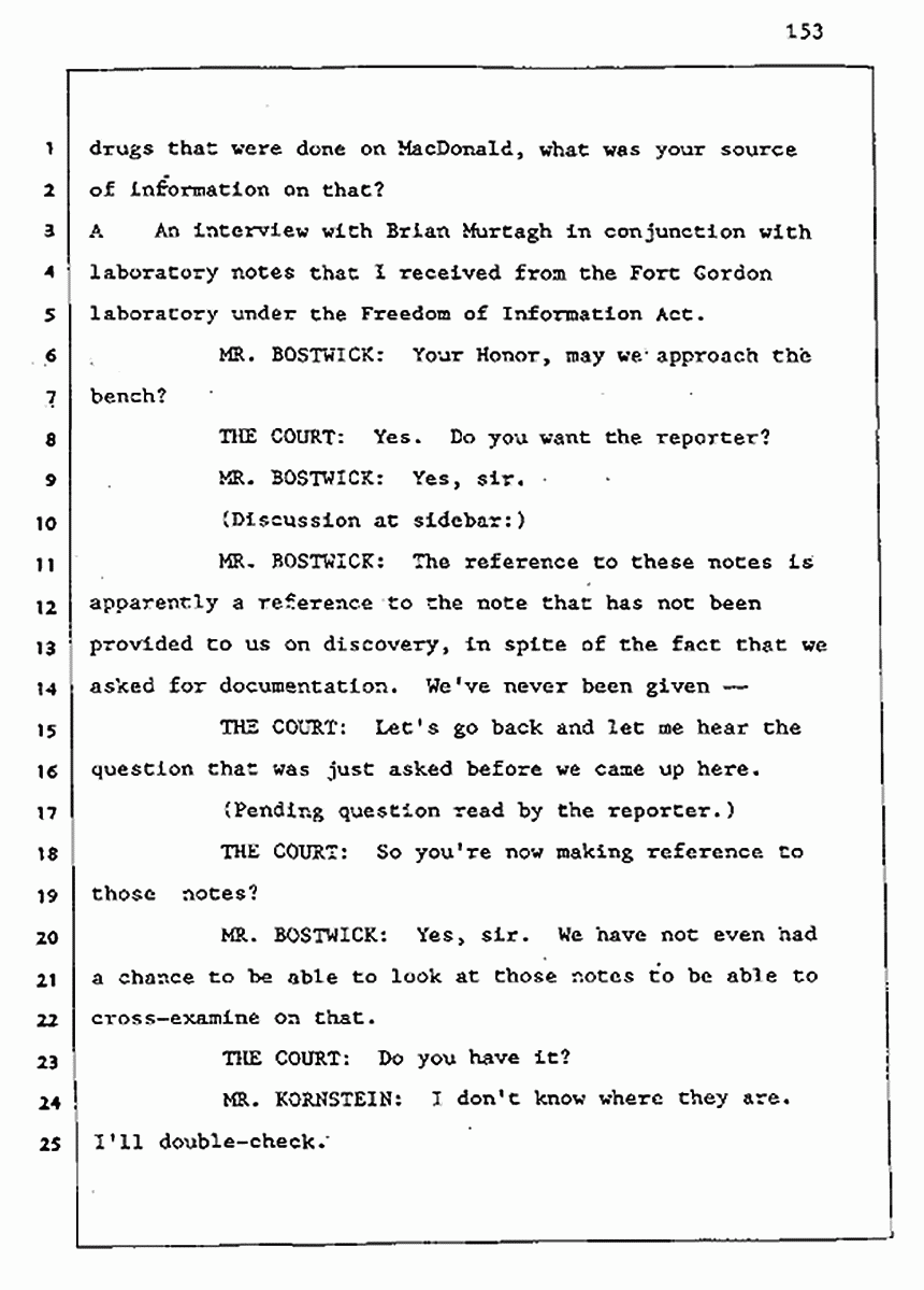 Los Angeles, California Civil Trial<br>Jeffrey MacDonald vs. Joe McGinniss<br><br>August 5, 1987:<br>Defendant's Witness: Joe McGinniss, p. 153