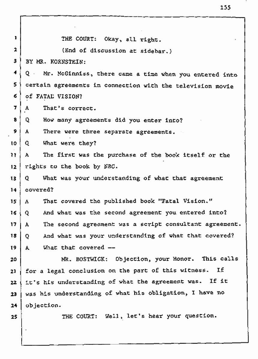 Los Angeles, California Civil Trial<br>Jeffrey MacDonald vs. Joe McGinniss<br><br>August 5, 1987:<br>Defendant's Witness: Joe McGinniss, p. 155