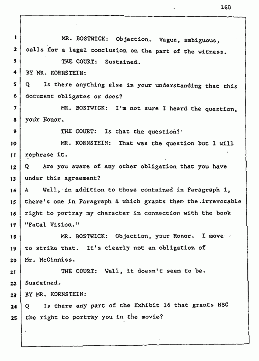 Los Angeles, California Civil Trial<br>Jeffrey MacDonald vs. Joe McGinniss<br><br>August 5, 1987:<br>Defendant's Witness: Joe McGinniss, p. 160