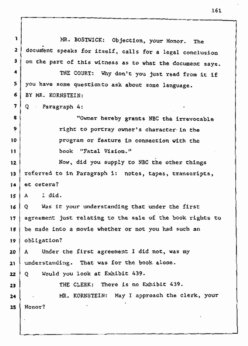 Los Angeles, California Civil Trial<br>Jeffrey MacDonald vs. Joe McGinniss<br><br>August 5, 1987:<br>Defendant's Witness: Joe McGinniss, p. 161
