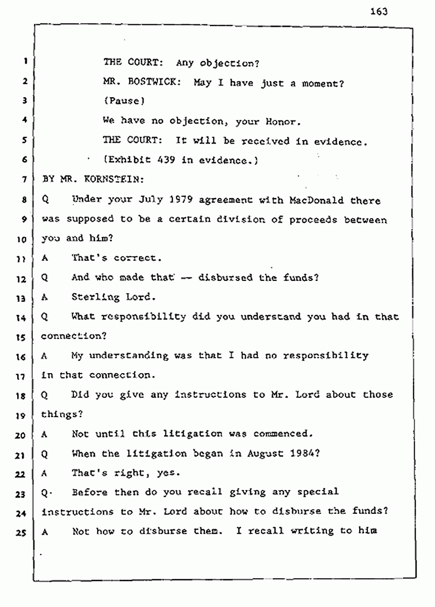 Los Angeles, California Civil Trial<br>Jeffrey MacDonald vs. Joe McGinniss<br><br>August 5, 1987:<br>Defendant's Witness: Joe McGinniss, p. 163