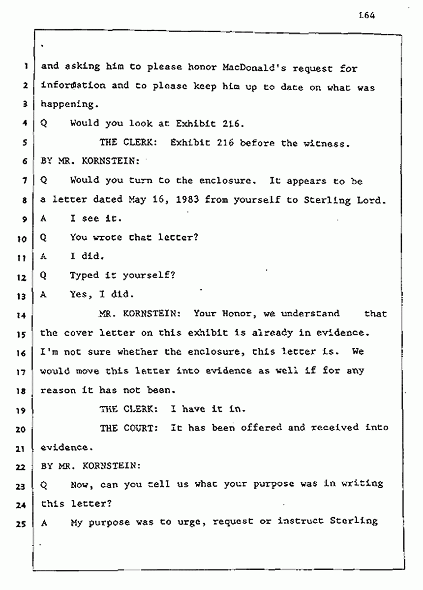 Los Angeles, California Civil Trial<br>Jeffrey MacDonald vs. Joe McGinniss<br><br>August 5, 1987:<br>Defendant's Witness: Joe McGinniss, p. 164
