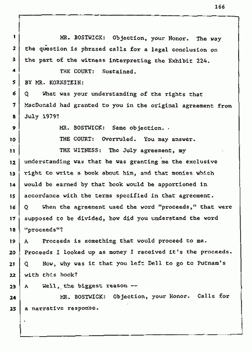 Los Angeles, California Civil Trial<br>Jeffrey MacDonald vs. Joe McGinniss<br><br>August 5, 1987:<br>Defendant's Witness: Joe McGinniss, p. 166