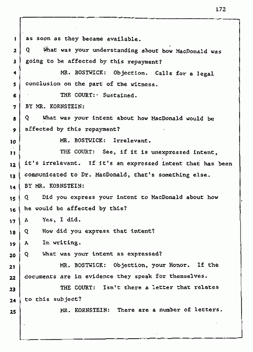 Los Angeles, California Civil Trial<br>Jeffrey MacDonald vs. Joe McGinniss<br><br>August 5, 1987:<br>Defendant's Witness: Joe McGinniss, p. 172