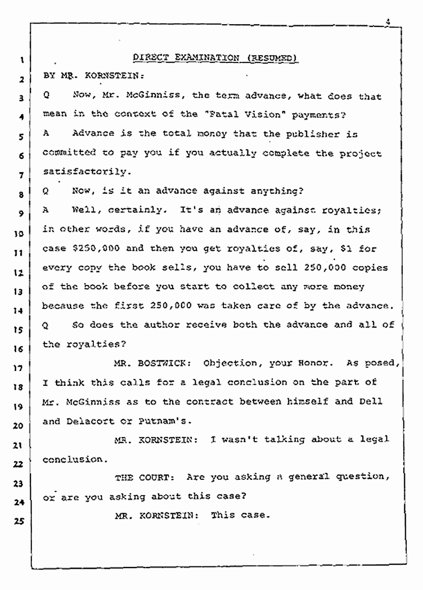 Los Angeles, California Civil Trial<br>Jeffrey MacDonald vs. Joe McGinniss<br><br>August 5, 1987:<br>Defendant's Witness: Joe McGinniss, p. 4