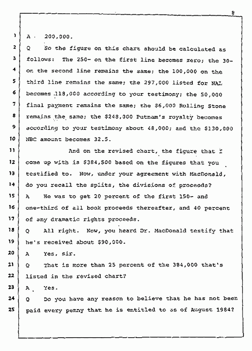 Los Angeles, California Civil Trial<br>Jeffrey MacDonald vs. Joe McGinniss<br><br>August 5, 1987:<br>Defendant's Witness: Joe McGinniss, p. 8