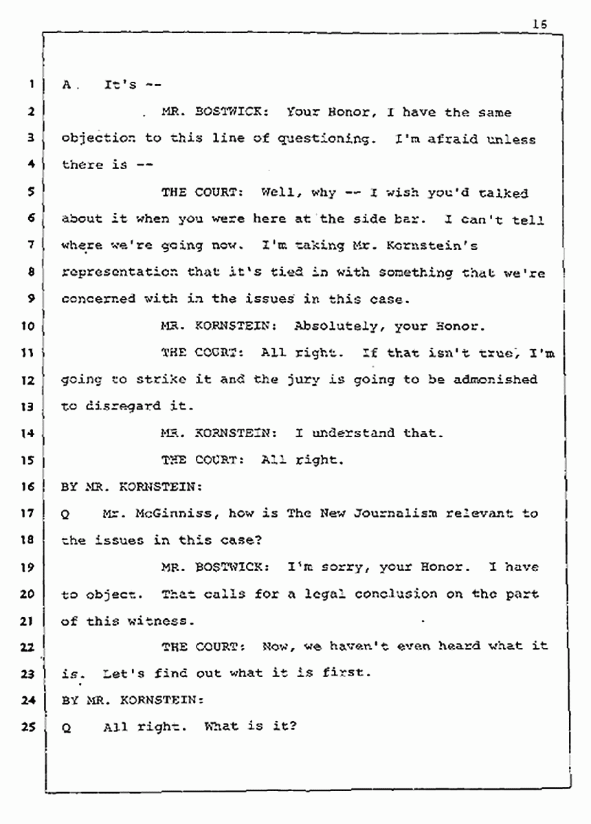 Los Angeles, California Civil Trial<br>Jeffrey MacDonald vs. Joe McGinniss<br><br>August 5, 1987:<br>Defendant's Witness: Joe McGinniss, p. 16