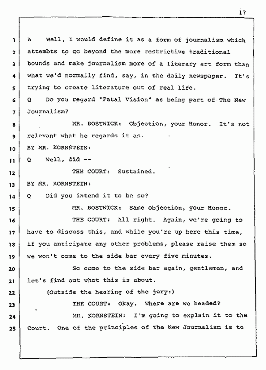 Los Angeles, California Civil Trial<br>Jeffrey MacDonald vs. Joe McGinniss<br><br>August 5, 1987:<br>Defendant's Witness: Joe McGinniss, p. 17