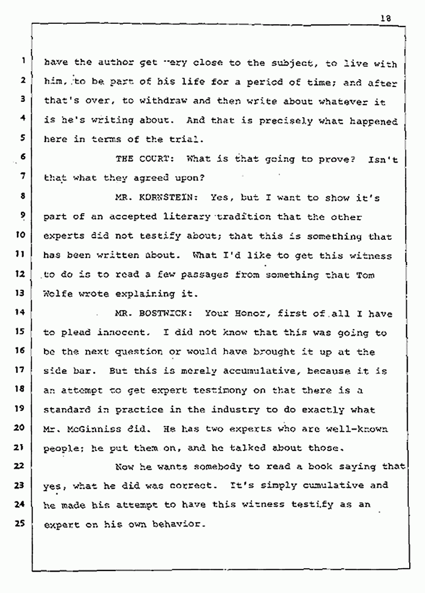 Los Angeles, California Civil Trial<br>Jeffrey MacDonald vs. Joe McGinniss<br><br>August 5, 1987:<br>Defendant's Witness: Joe McGinniss, p. 18