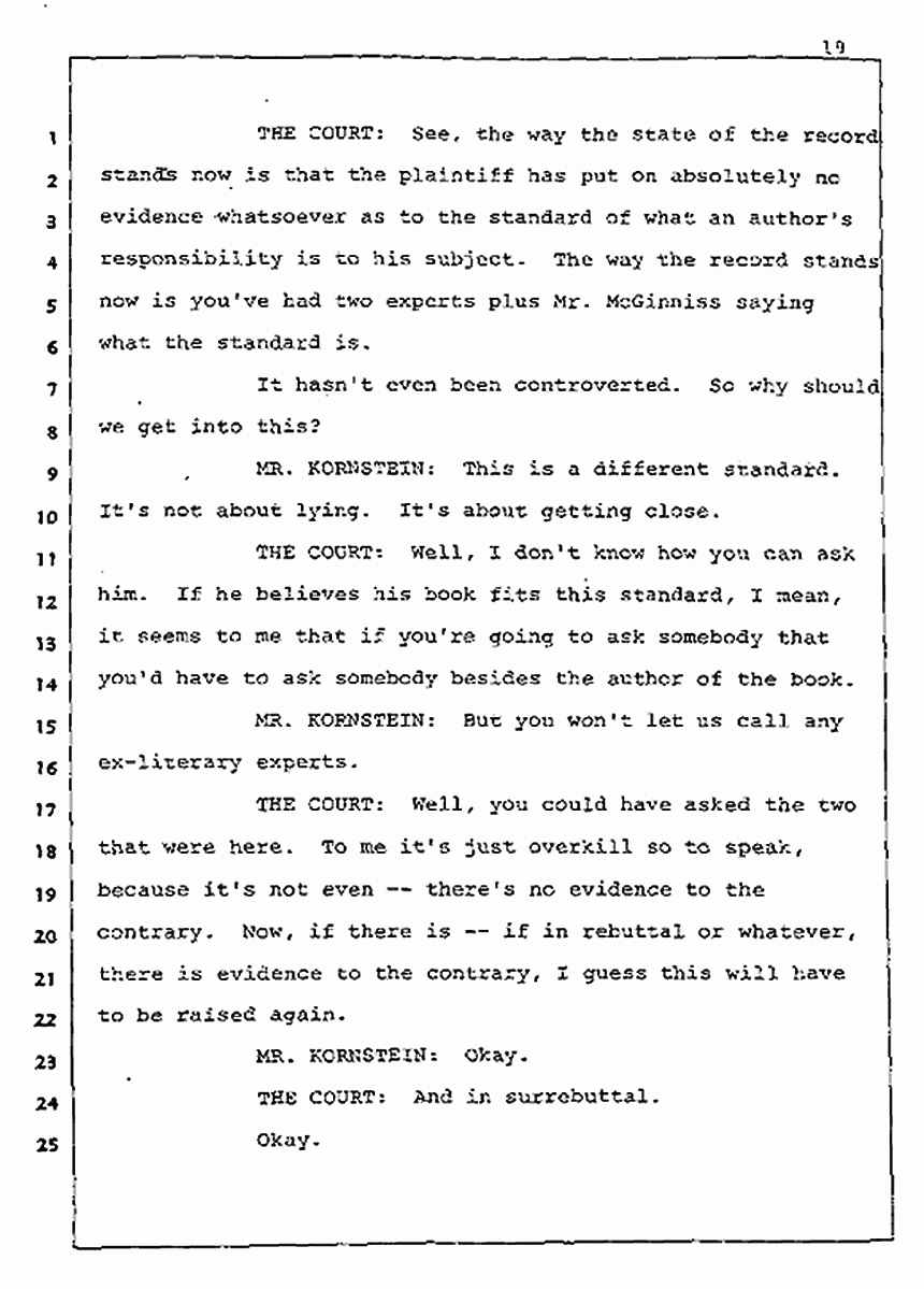 Los Angeles, California Civil Trial<br>Jeffrey MacDonald vs. Joe McGinniss<br><br>August 5, 1987:<br>Defendant's Witness: Joe McGinniss, p. 19
