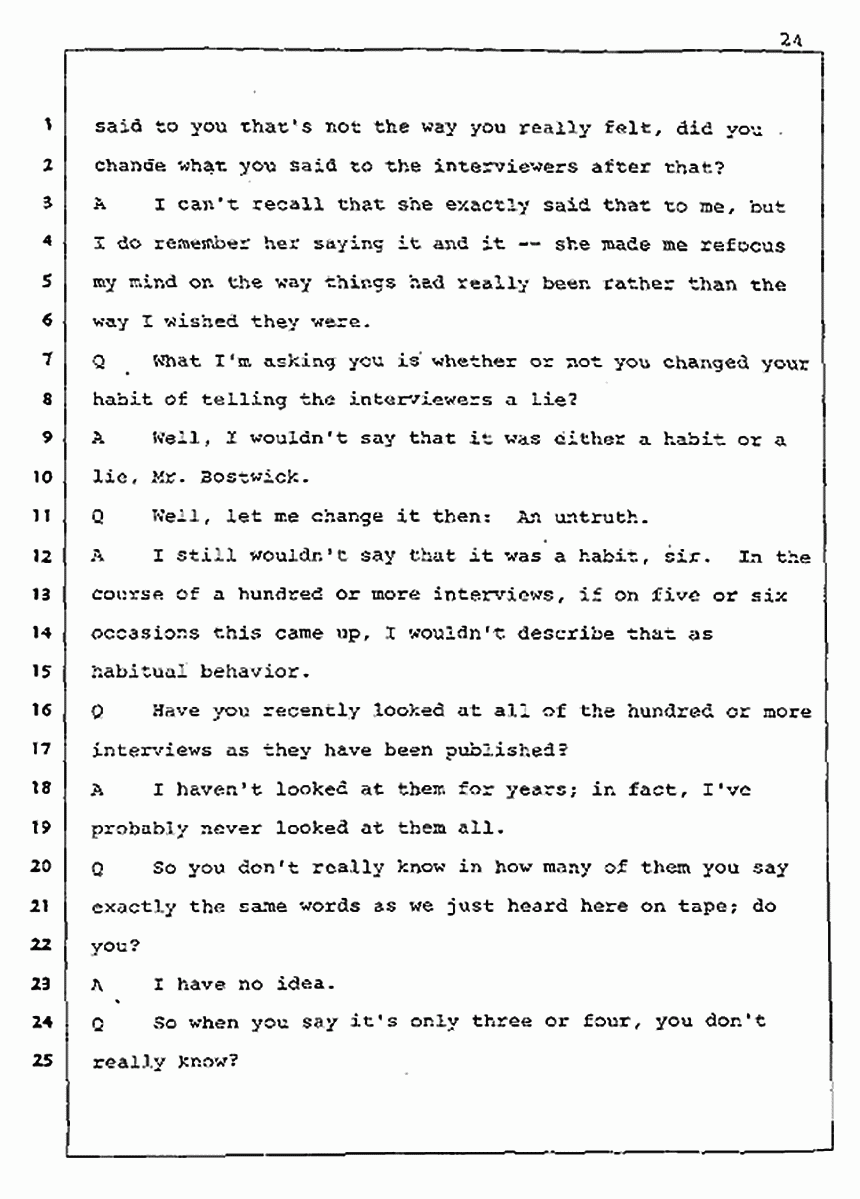Los Angeles, California Civil Trial<br>Jeffrey MacDonald vs. Joe McGinniss<br><br>August 5, 1987:<br>Defendant's Witness: Joe McGinniss, p. 24