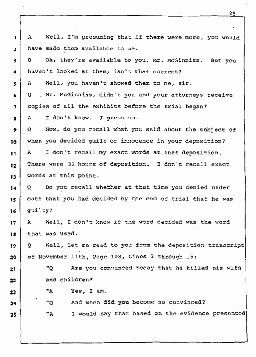 Los Angeles, California Civil Trial<br>Jeffrey MacDonald vs. Joe McGinniss<br><br>August 5, 1987:<br>Defendant's Witness: Joe McGinniss, p. 25