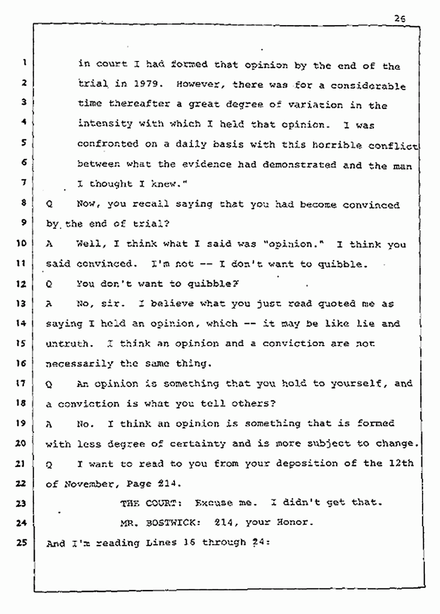 Los Angeles, California Civil Trial<br>Jeffrey MacDonald vs. Joe McGinniss<br><br>August 5, 1987:<br>Defendant's Witness: Joe McGinniss, p. 26