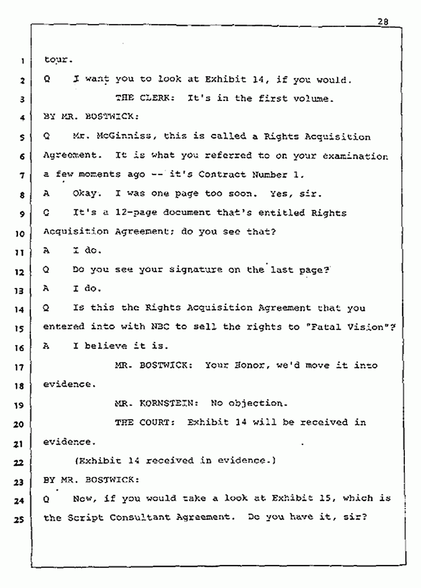 Los Angeles, California Civil Trial<br>Jeffrey MacDonald vs. Joe McGinniss<br><br>August 5, 1987:<br>Defendant's Witness: Joe McGinniss, p. 28