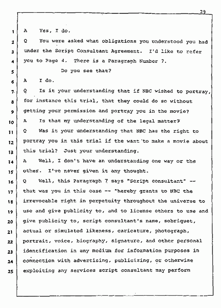 Los Angeles, California Civil Trial<br>Jeffrey MacDonald vs. Joe McGinniss<br><br>August 5, 1987:<br>Defendant's Witness: Joe McGinniss, p. 29