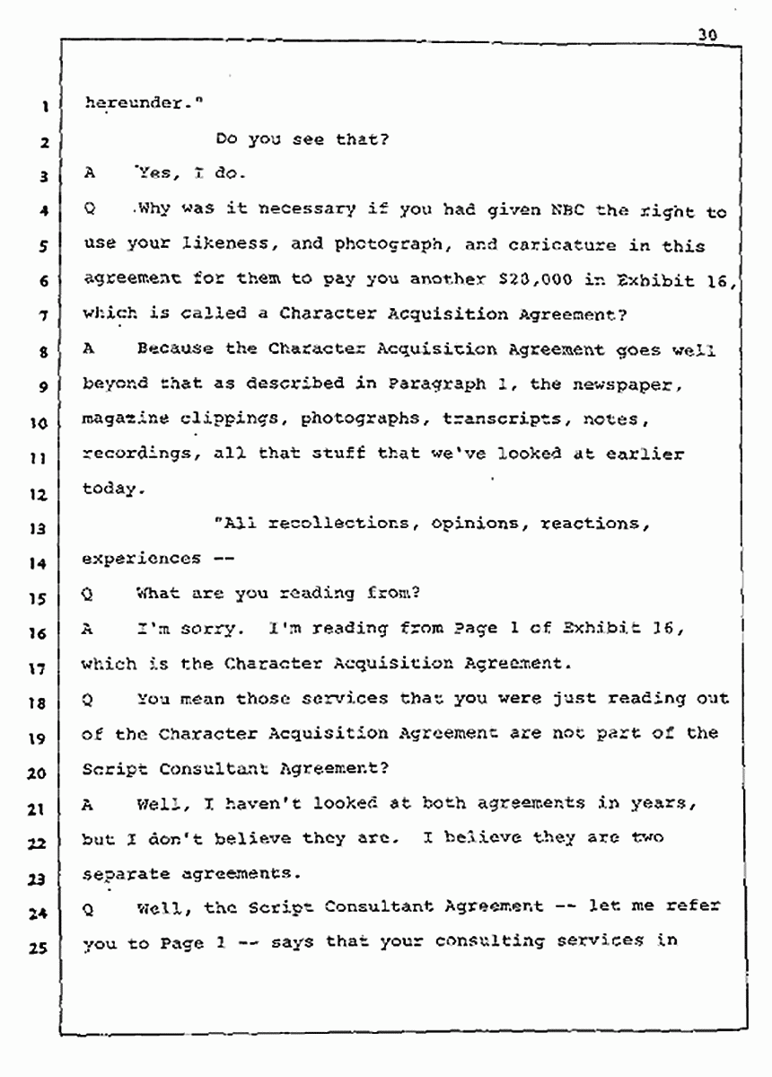 Los Angeles, California Civil Trial<br>Jeffrey MacDonald vs. Joe McGinniss<br><br>August 5, 1987:<br>Defendant's Witness: Joe McGinniss, p. 30