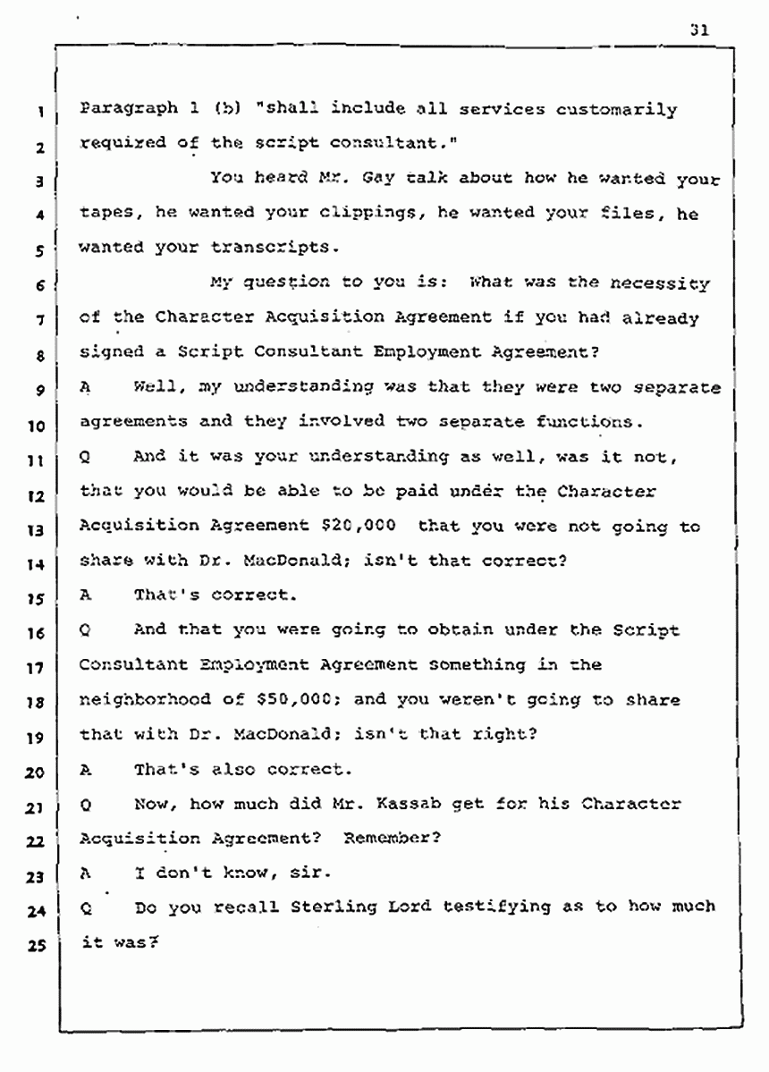 Los Angeles, California Civil Trial<br>Jeffrey MacDonald vs. Joe McGinniss<br><br>August 5, 1987:<br>Defendant's Witness: Joe McGinniss, p. 31