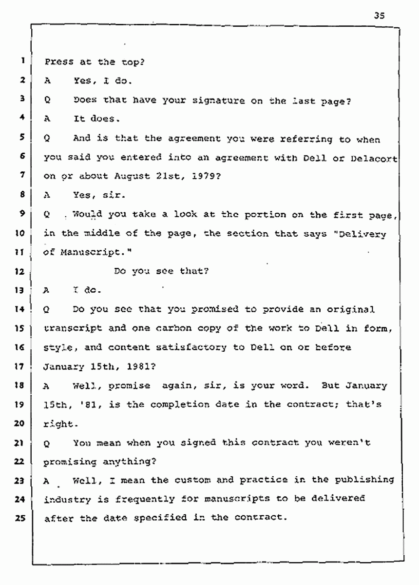 Los Angeles, California Civil Trial<br>Jeffrey MacDonald vs. Joe McGinniss<br><br>August 5, 1987:<br>Defendant's Witness: Joe McGinniss, p. 35