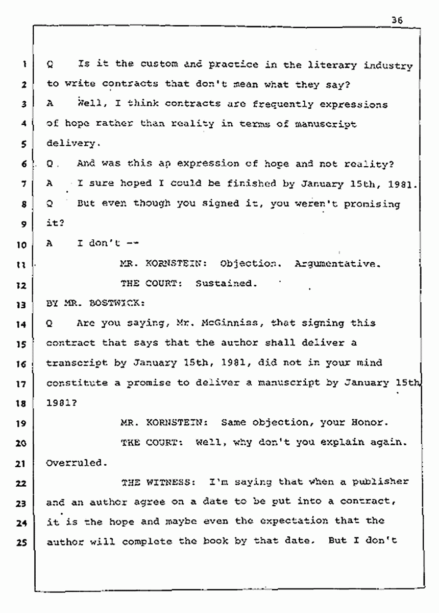 Los Angeles, California Civil Trial<br>Jeffrey MacDonald vs. Joe McGinniss<br><br>August 5, 1987:<br>Defendant's Witness: Joe McGinniss, p. 36