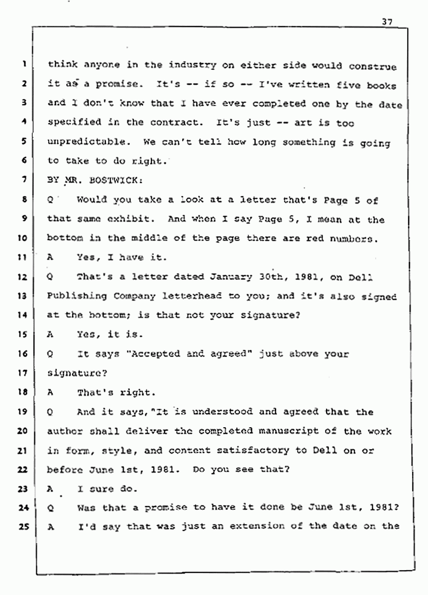 Los Angeles, California Civil Trial<br>Jeffrey MacDonald vs. Joe McGinniss<br><br>August 5, 1987:<br>Defendant's Witness: Joe McGinniss, p. 37