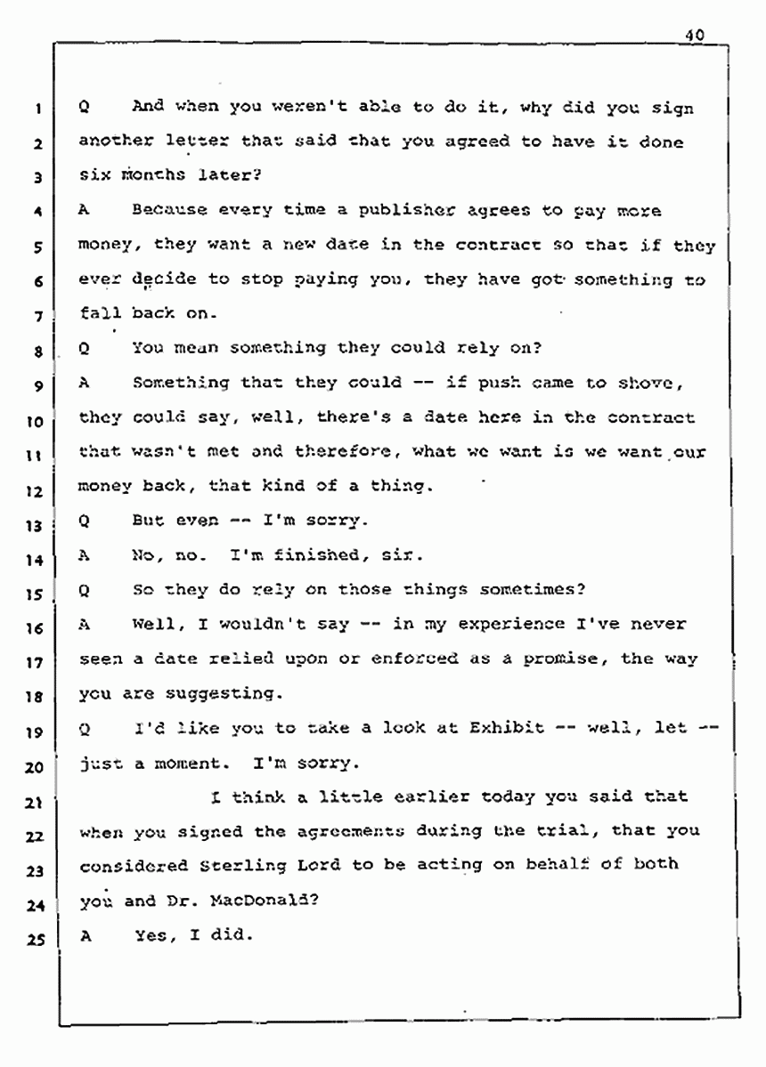Los Angeles, California Civil Trial<br>Jeffrey MacDonald vs. Joe McGinniss<br><br>August 5, 1987:<br>Defendant's Witness: Joe McGinniss, p. 40