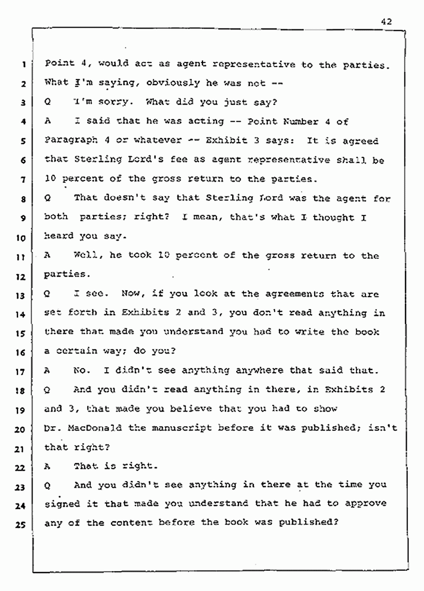 Los Angeles, California Civil Trial<br>Jeffrey MacDonald vs. Joe McGinniss<br><br>August 5, 1987:<br>Defendant's Witness: Joe McGinniss, p. 42