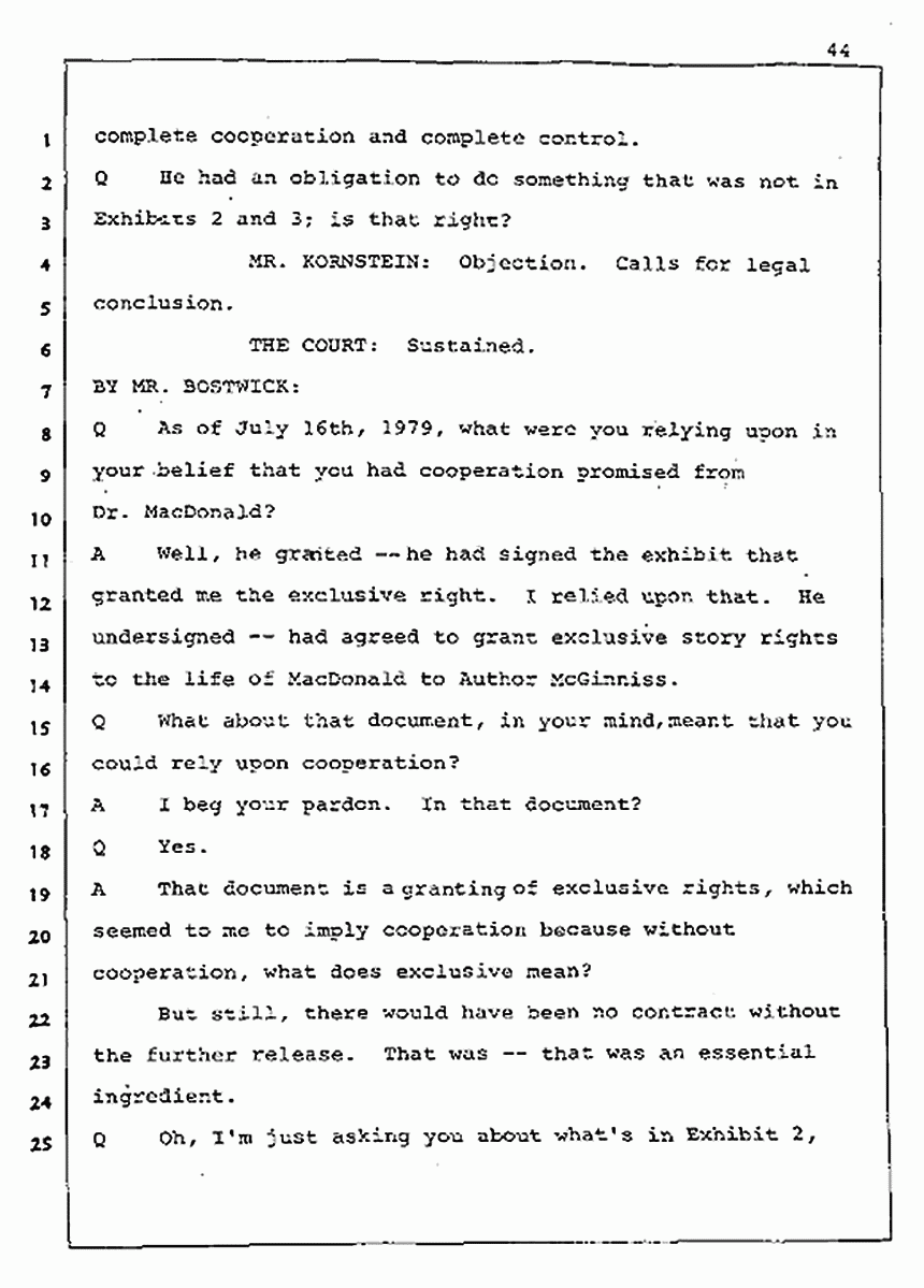 Los Angeles, California Civil Trial<br>Jeffrey MacDonald vs. Joe McGinniss<br><br>August 5, 1987:<br>Defendant's Witness: Joe McGinniss, p. 44