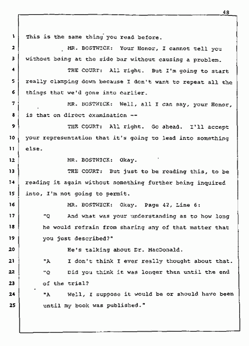 Los Angeles, California Civil Trial<br>Jeffrey MacDonald vs. Joe McGinniss<br><br>August 5, 1987:<br>Defendant's Witness: Joe McGinniss, p. 48