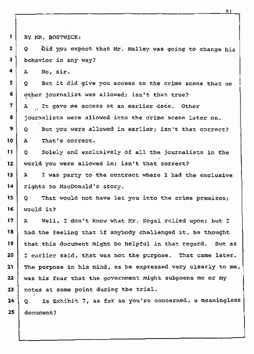 Los Angeles, California Civil Trial<br>Jeffrey MacDonald vs. Joe McGinniss<br><br>August 5, 1987:<br>Defendant's Witness: Joe McGinniss, p. 51