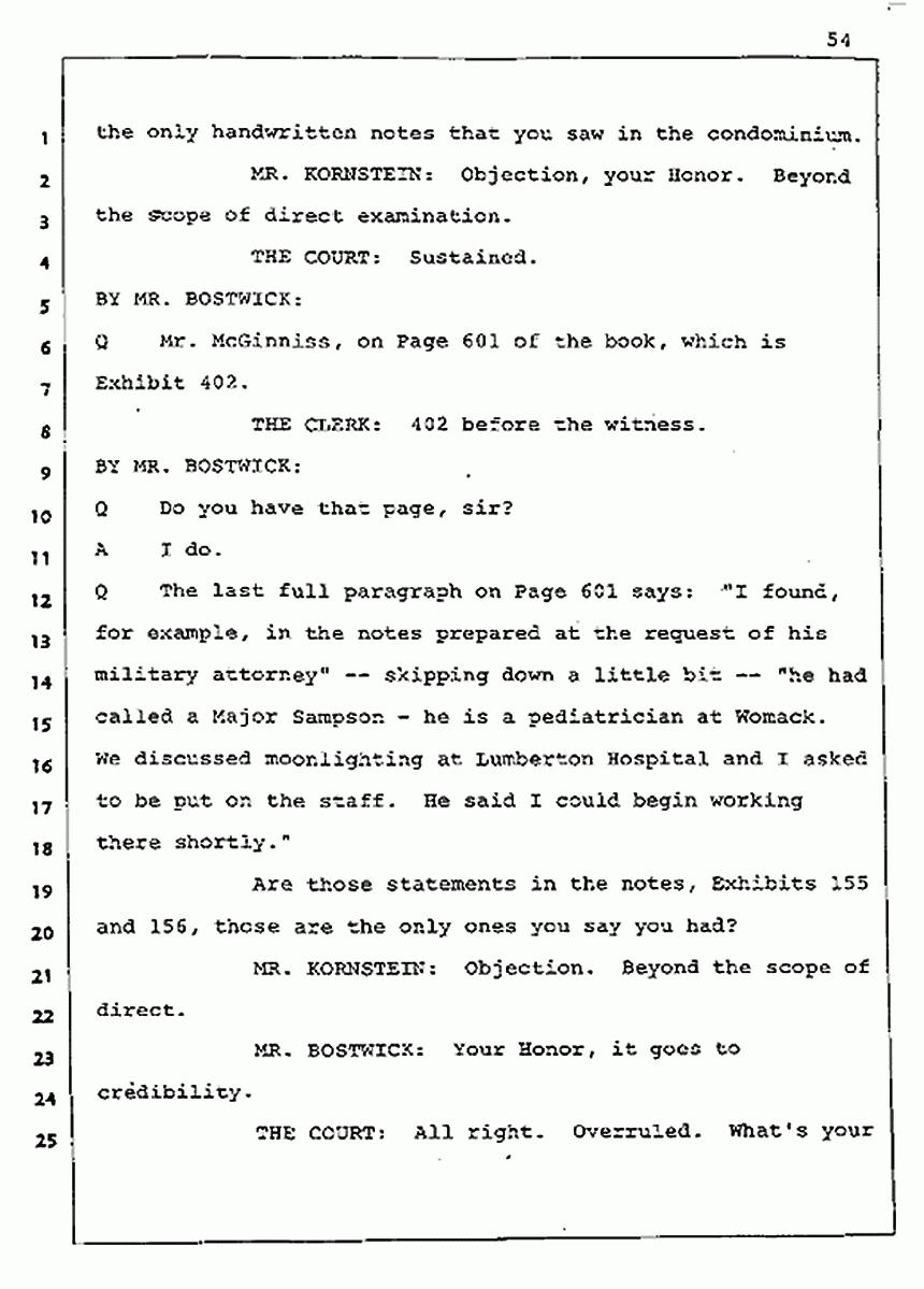 Los Angeles, California Civil Trial<br>Jeffrey MacDonald vs. Joe McGinniss<br><br>August 5, 1987:<br>Defendant's Witness: Joe McGinniss, p. 54
